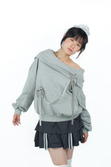 offshoulder ribbon hoodie(gray)