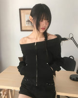 Potic Rivet Pocket Sweat Off-Shoulder Zip-Up