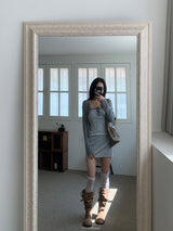 Light Hour Striped Sleeveless Dress & Silver Button Cardigan 2-piece Set (Gray)