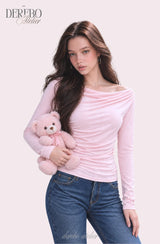 フロー リップ シャーリング ピンク ロングスリーブ Tシャツ