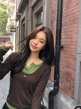 Pendant Layered U-neck Tencel T-Shirt (5color)