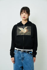 GRAPHIC APPLIQUE WOMAN ZIP-UP HOODIE(BLACK)