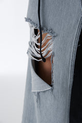DAMAGED LONG DENIM SKIRT (GRAY)
