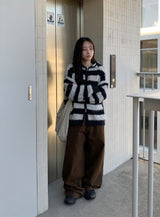 Panple Stripe Wool Hood Knit Cardigan