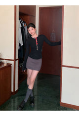 Red bow slit long-sleeved knit shirt