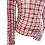 チェリーレッドチェクオフショルダーシャーリングスリムフィットロングスリーブTシャツ (Red)