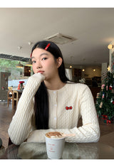 Twisted frill knit long-sleeved cardigan
