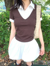 Cafe Layered Pintuck Shirt Brown Short Sleeve Tee (Brown)