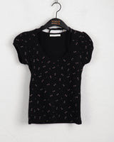Kandil flower color combination ribbon string puff short sleeve t-shirt