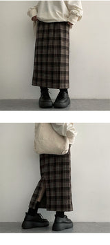 Zinya Back Slit Checkered Long Skirt