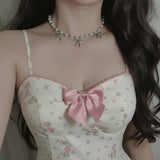 [IVE Rei Necklace] Three Ribbons Pearl Choker Necklace - Silver Color