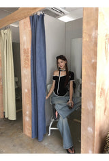 Black Stitch Unbalanced Off-Shoulder Strap Short Sleeve T-Shirt