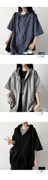 Shine Linkle Boxy Fit String Short-Sleeved Hooded Zip-Up Jumper