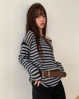 Mui ストライプラウンドネックルーズフィットニット