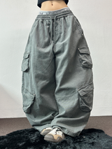 FLEECE/STRING TWO CARGO RIVET WIDE BALLOON LONG PANTS💚🤎🖤🩶4COLOR