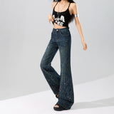 Dark Star Rhinestone Micro Flare Jeans – High Waist Relaxed Fit Wide Denim