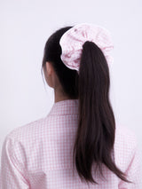 Gingham Check piping hair scrunchie (PINK)