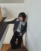 [premium] Frame Raccoon Collar Leather Jacket