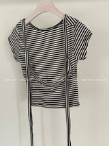 Stripe Backless Ribbon Crop Short Sleeve T-Shirt