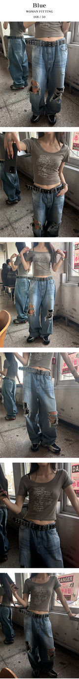 [Unisex] 膝下ダメージワイドデニムパンツ
