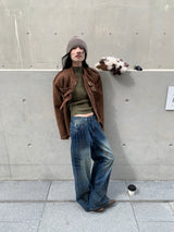 Suede lace-up no-collar jacket