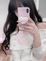 [PINK SET] lace polka dot phone case - hard + heart puff phone grip