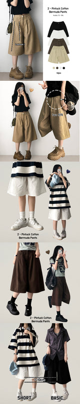 Retro waistband pintuck cotton bermuda pants shorts [short, basic selection]