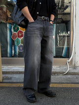 Dun paper washed wide denim