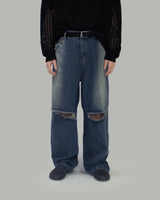 Ripper washed wide denim pants