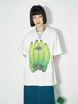 バナナプリントルーズ半袖ベーシックサマー白Tシャツ