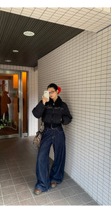 Black beads wool collar short padded coat