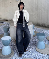 Cross Print Curved Ballon Denim_Black