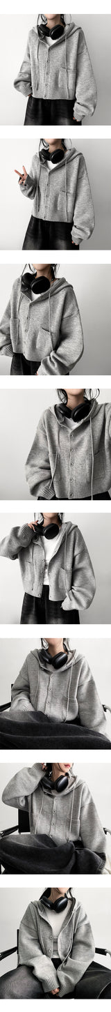 Ond Cropped Pocket Hooded Knit Cardigan