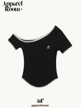 Black Stitch Unbalanced Off-Shoulder Strap Short Sleeve T-Shirt