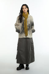 Retro wool blend inkjet printed zippered cardigan sweater