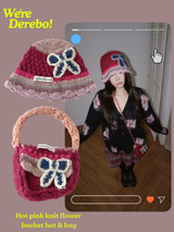 Hot Pink Knit Flower Bunk Hat & Bag Set 2