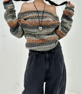SNOWFLAKE COLOR-BLOCK BROWN OFF-SHOULDER LONG-SLEEVE KNIT