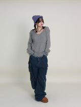 ラバーVネックダメージカットポイント長袖ニット (wool material)