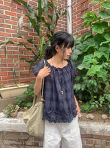Ame Check Off-Shoulder Frill Short Sleeve Blouse