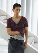 High ribbed henley neck half sleeves(Burgundy)
