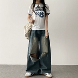 Andy Knee Damage Cutting Deep Washed Denim Wide Pants