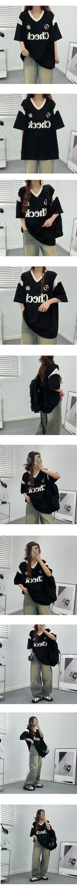 チェックVネックオーバーフィット半袖Tシャツ