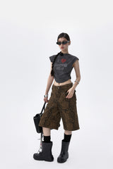 ルーズストレートレッグレッグレオパードローライズデニムショートパンツ (Knee-length/Capri Pants)