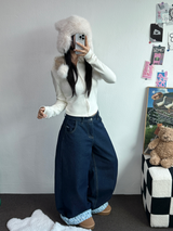 RIBBON🎀WIDE RIBBON ROLL-UP DENIM PANTS 🩵🎀