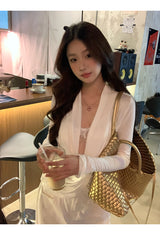 White Smudge Lace Shirring Long Sleeve T-shirt