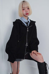 2WAY LOGO TWIST STUD HOOD ZIP-UP_BLACK