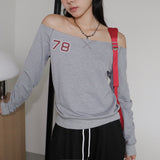Linbu 87 Patch Off-Shoulder Sweatshirt