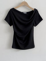 ロミー スリムフィット ドレープ シャーリング ワンショルダー 半袖Tシャツブラウス 4カラー