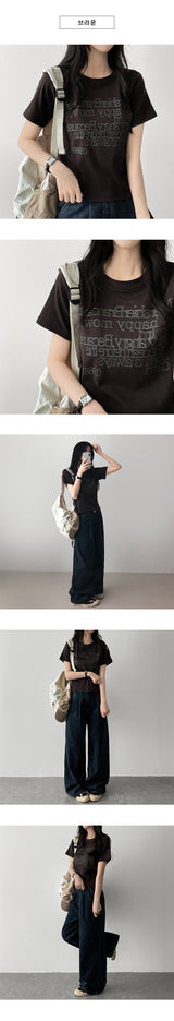 アートスパンデックスレタリングショートスリーブTシャツ