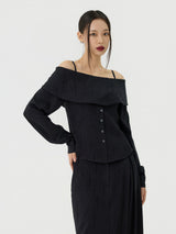 Scratch Cape Off-Shoulder Belted Shirt, Black